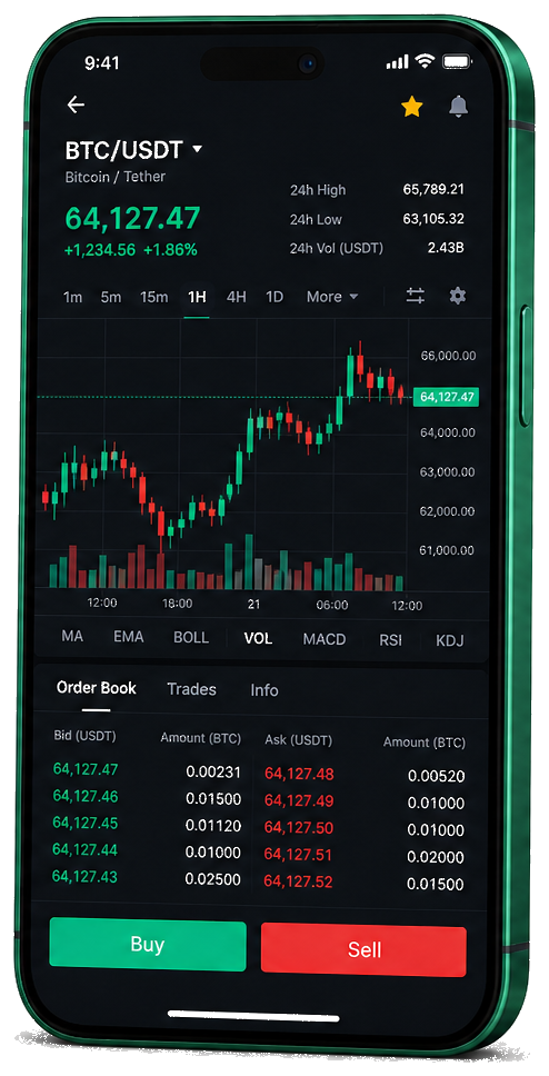 Ecrã móvel de trading Regio Fundorio — dados BTC/USDT em tempo real, livro de ordens e ferramentas para execução